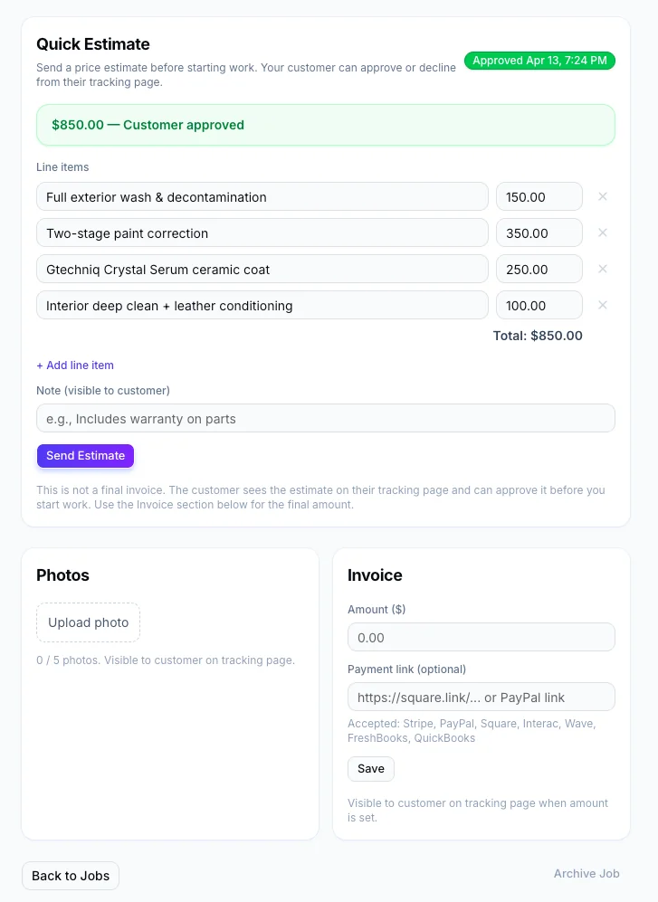 FixyFlow quick estimate — line items, total, customer-approved status