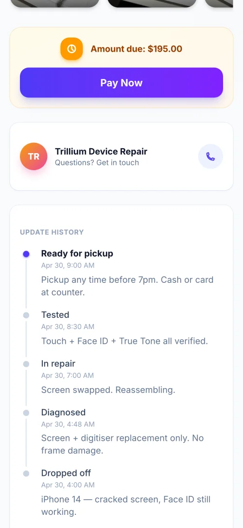 FixyFlow customer page — repair update history with Pay Now