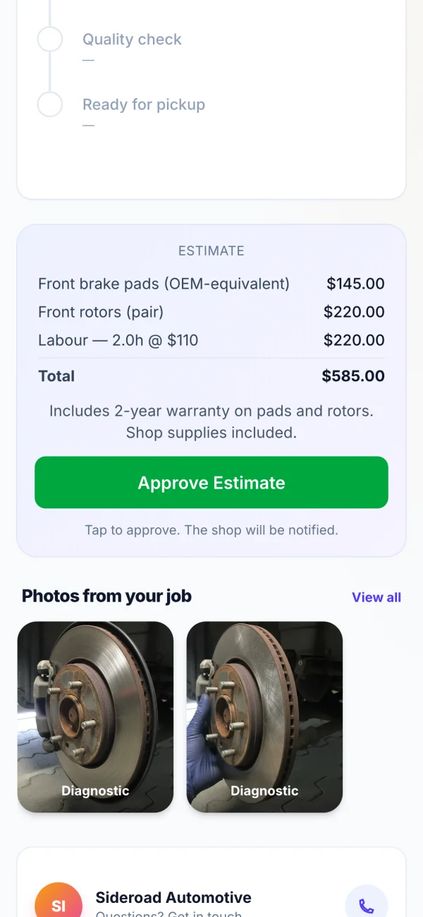 FixyFlow customer page — line-item estimate with one-tap approval