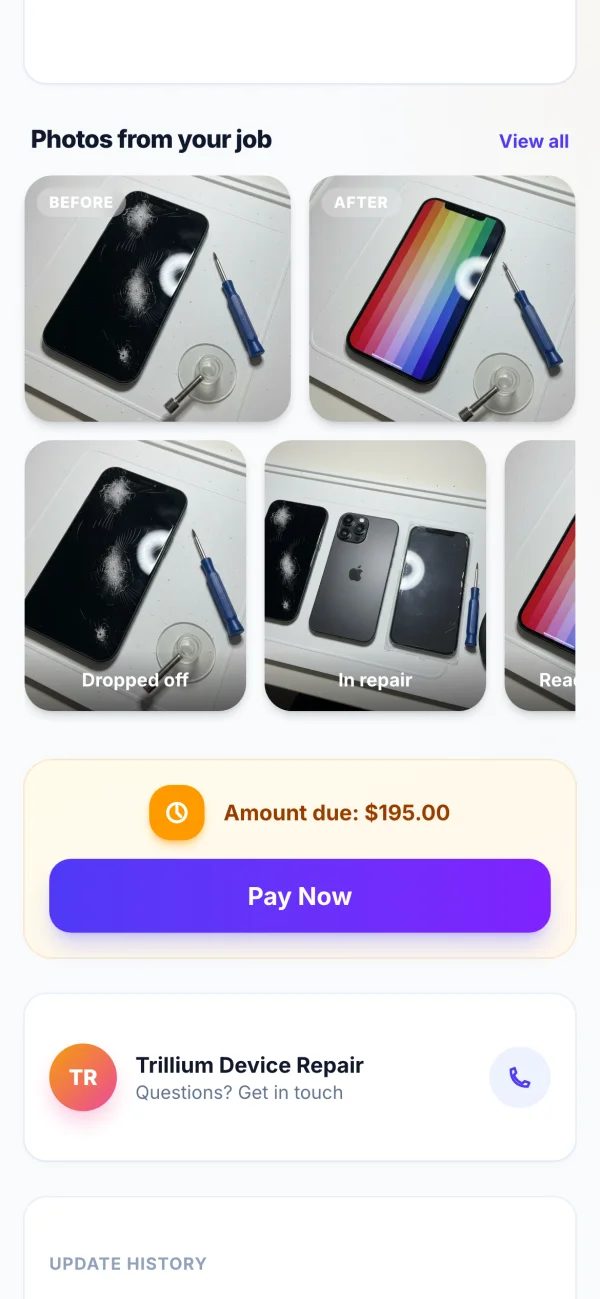 FixyFlow customer page — photos from the job, before and after