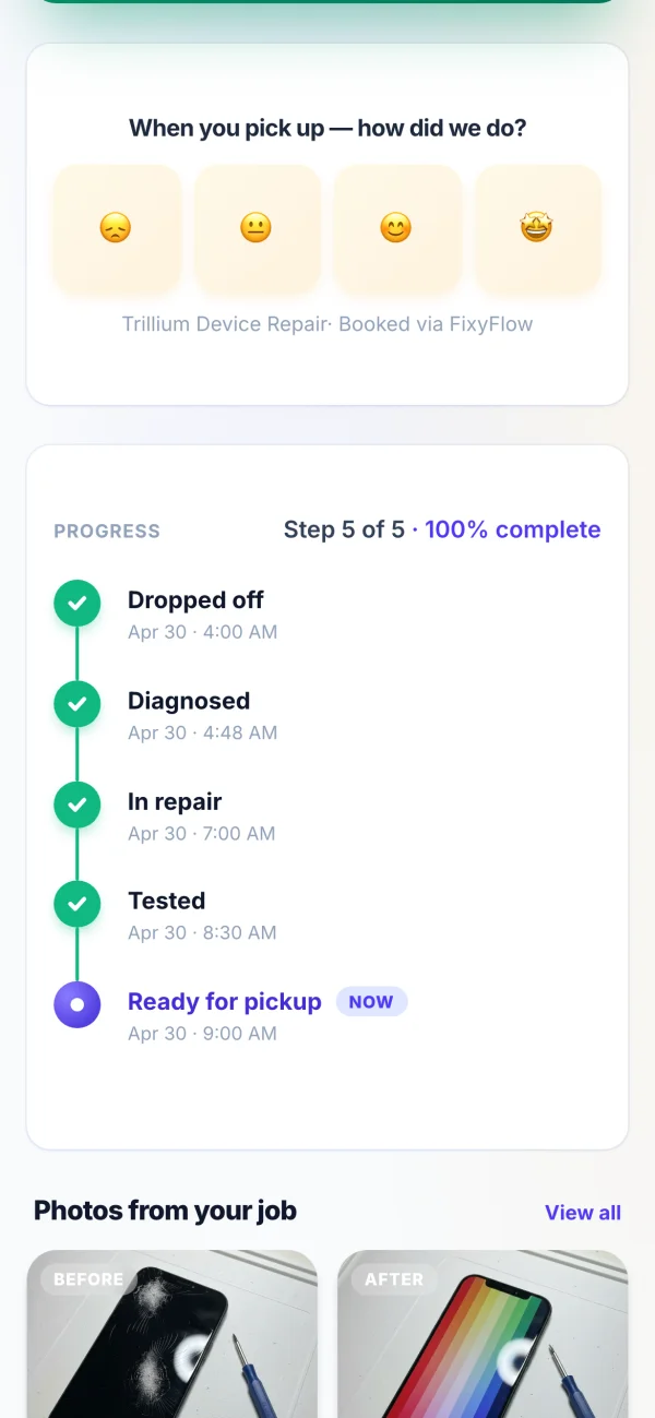 FixyFlow customer page — satisfaction picker routing happy customers to Google